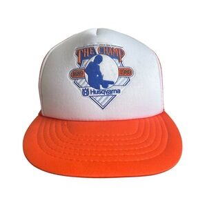 Husqvarna “The Champ” Chainsaw Vtg White & Orange Foam Mesh Back Trucker Hat
